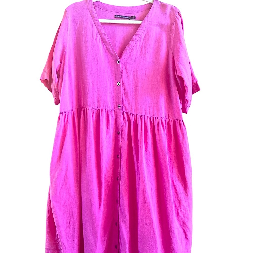 Gudren Sjoden Barbie Pink Size Large Linen Midi Dress Lagenlook Resort Cruise